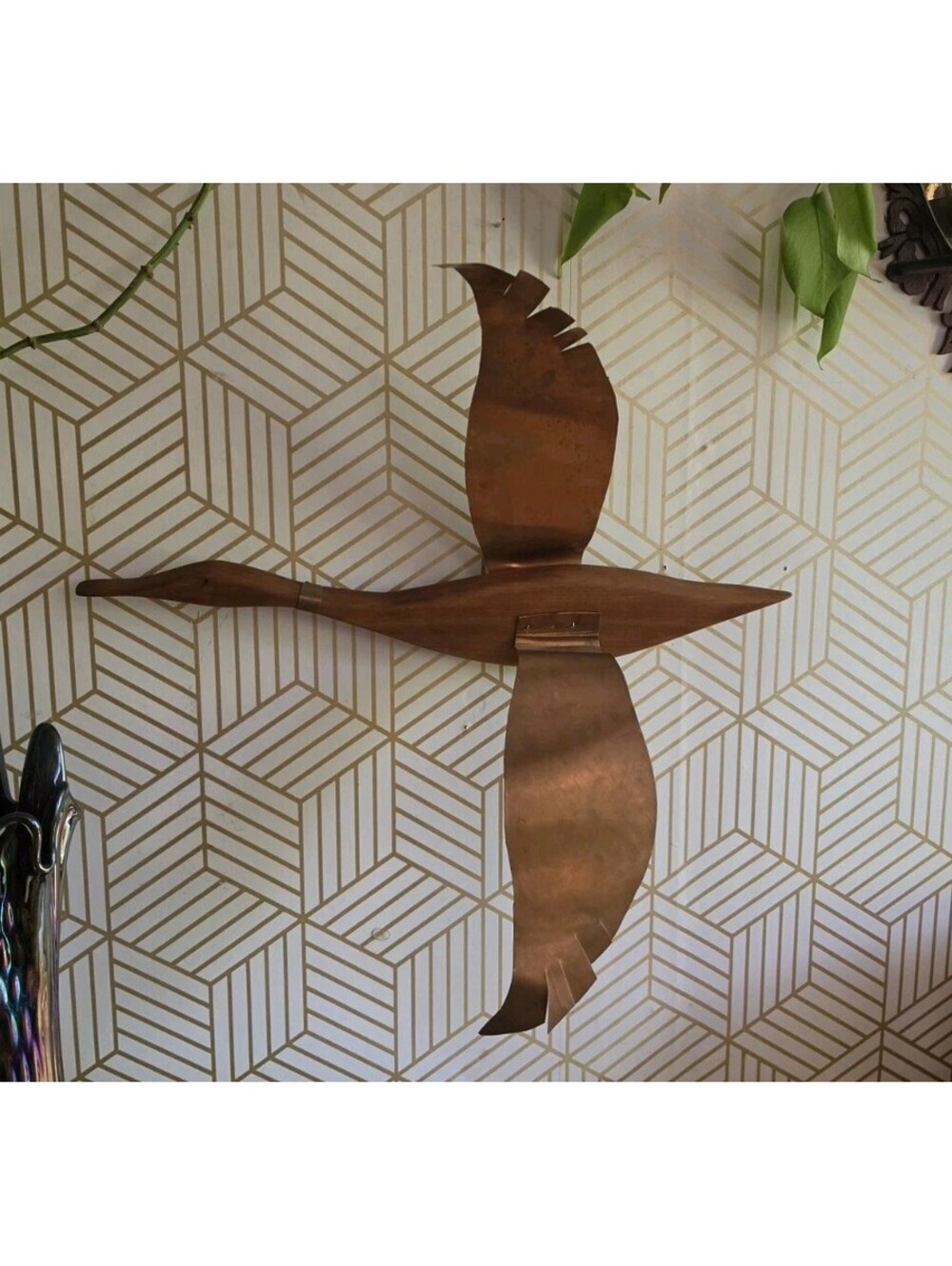 Vintage Midcentury Masketeers Walnut Wood And Copper Flying Duck Goose 19"